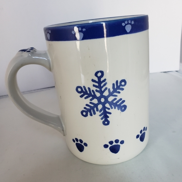 Dog Paw Mug Large 5 " H 3.25 Dia Snowflakes Ceramic Coffee Tea Winter Blue White - Picture 7 of 8